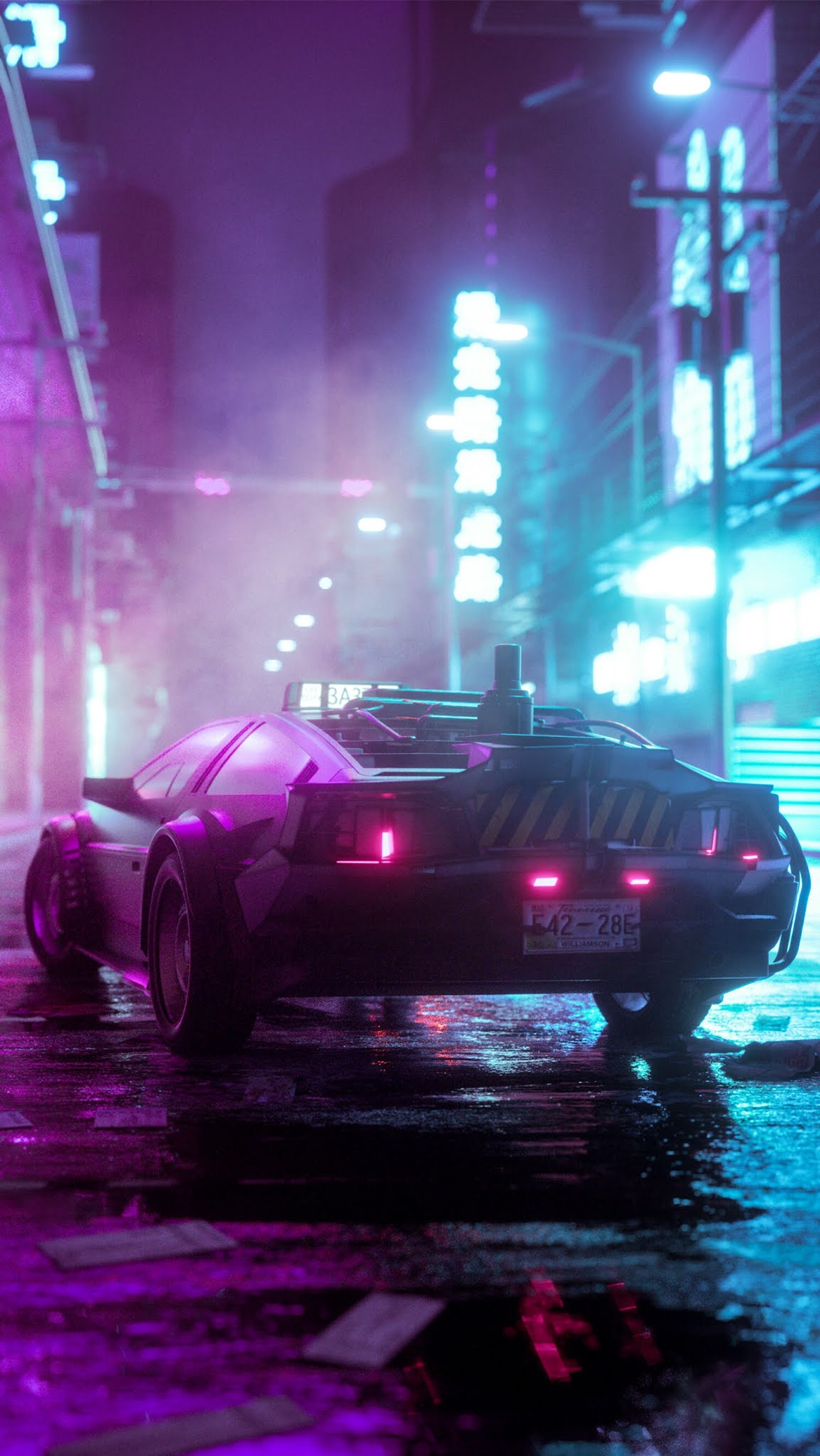 Vista aérea de un coche en una ciudad de noche con luces de neón (cyberpunk, cyberpunk 2077, cyberpunk 2020, vaporwave, synthwave)