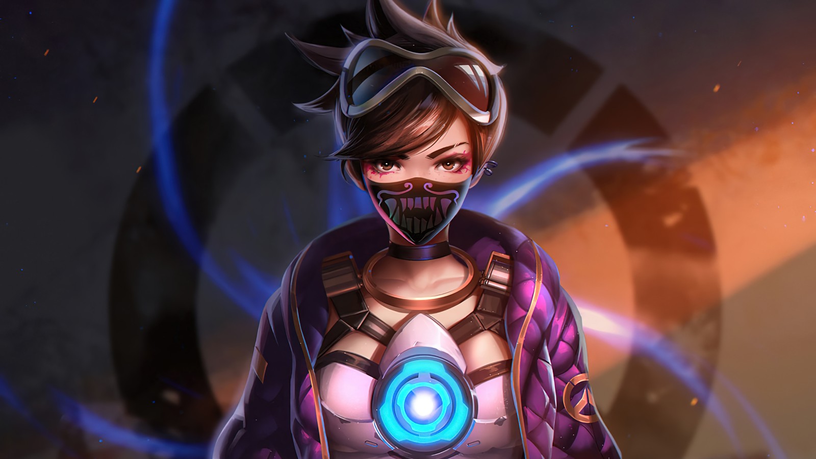 A woman in a purple outfit with a glowing blue light (tracer, overwatch, video game, art)