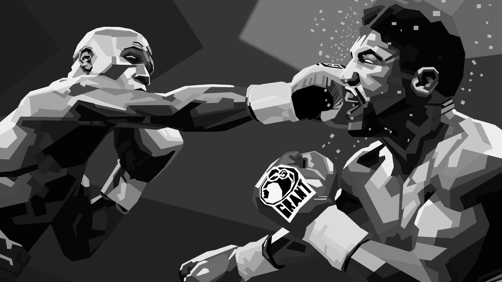 A close up of two boxers fighting in a low poly art style (boxing, artwork, polygonal, low poly, blackdark)