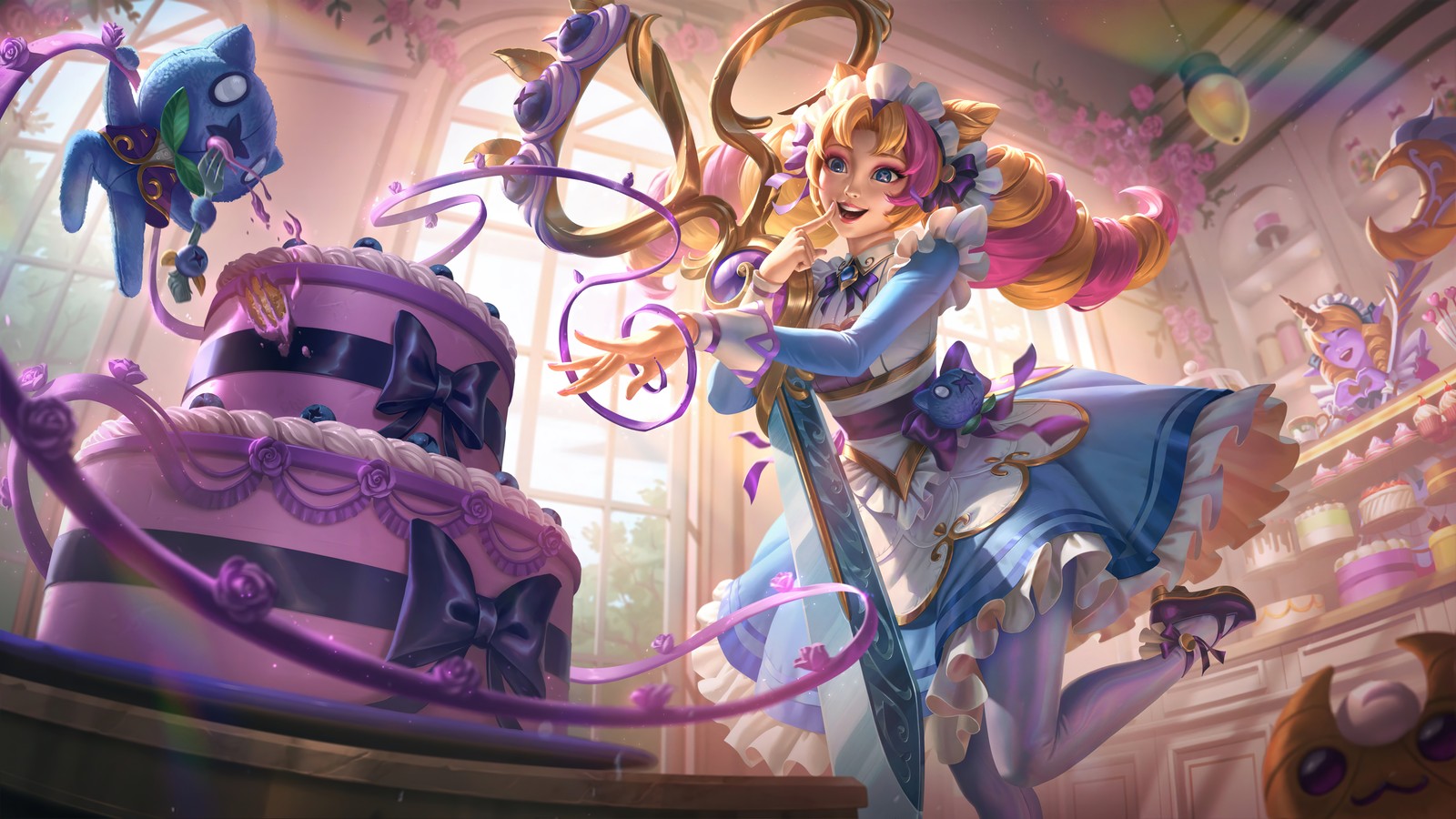 A woman in a dress holding a sword in a room (cafe cuties, gwen, league of legends, video game, lol)