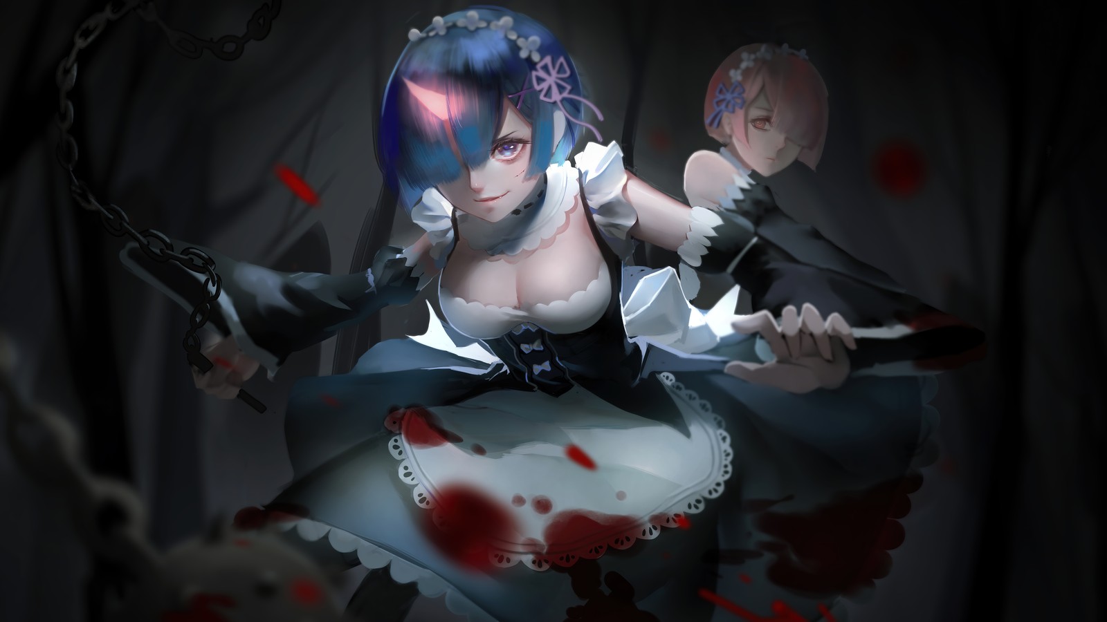 A woman in a maid outfit holding a knife and a knife (rem, horn, ram, re zero, anime)