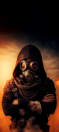 Mysterious Figure in Gas Mask Against Fiery Landscape