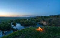 nature, morning, river, reflection, fire wallpaper