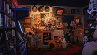 Vibrant Music Store Scene with Animated Characters and Halloween Decor