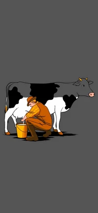 Artistic Illustration of a Farmer Milking a Cow