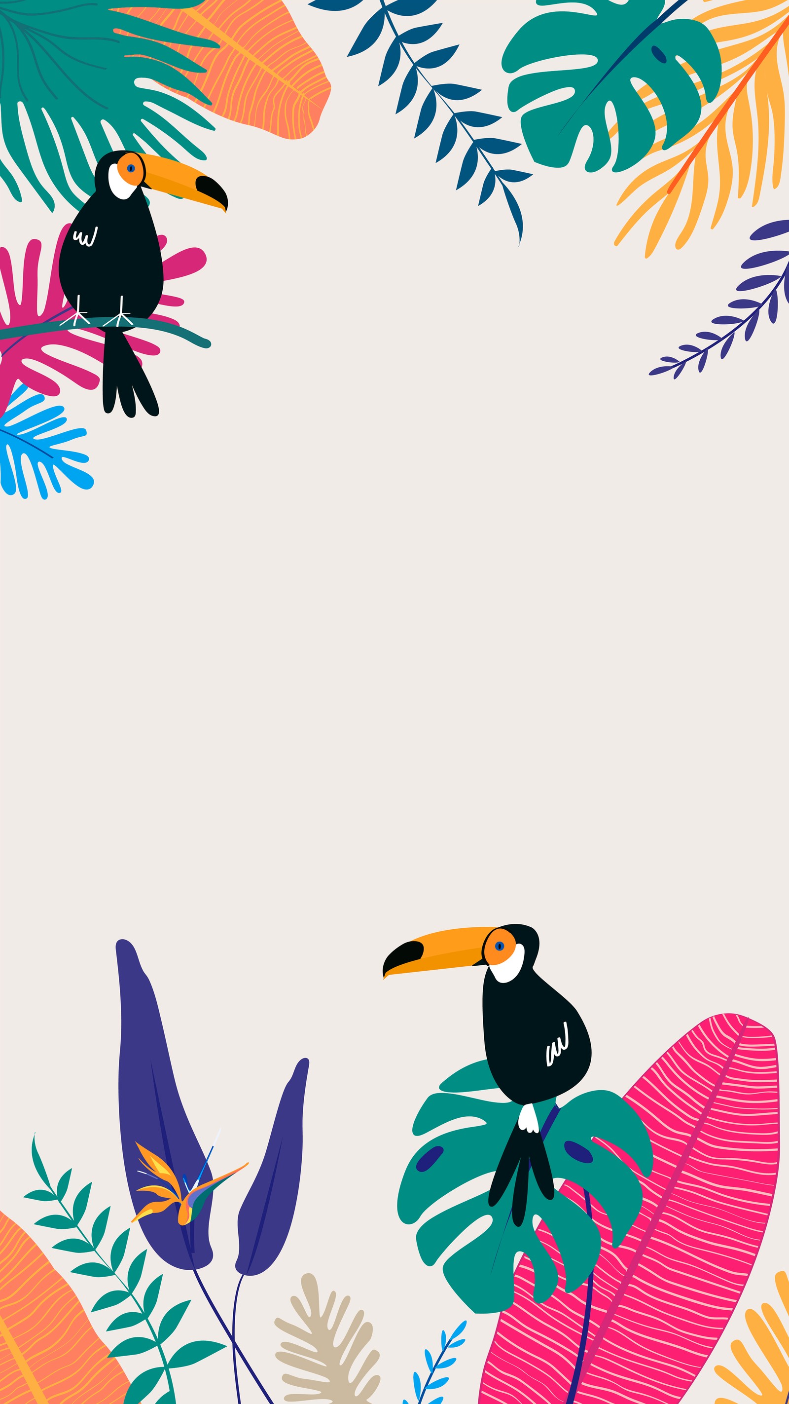 There is a colorful picture of a toucan and tropical leaves (illustration, graphic design, design, clip art, art)