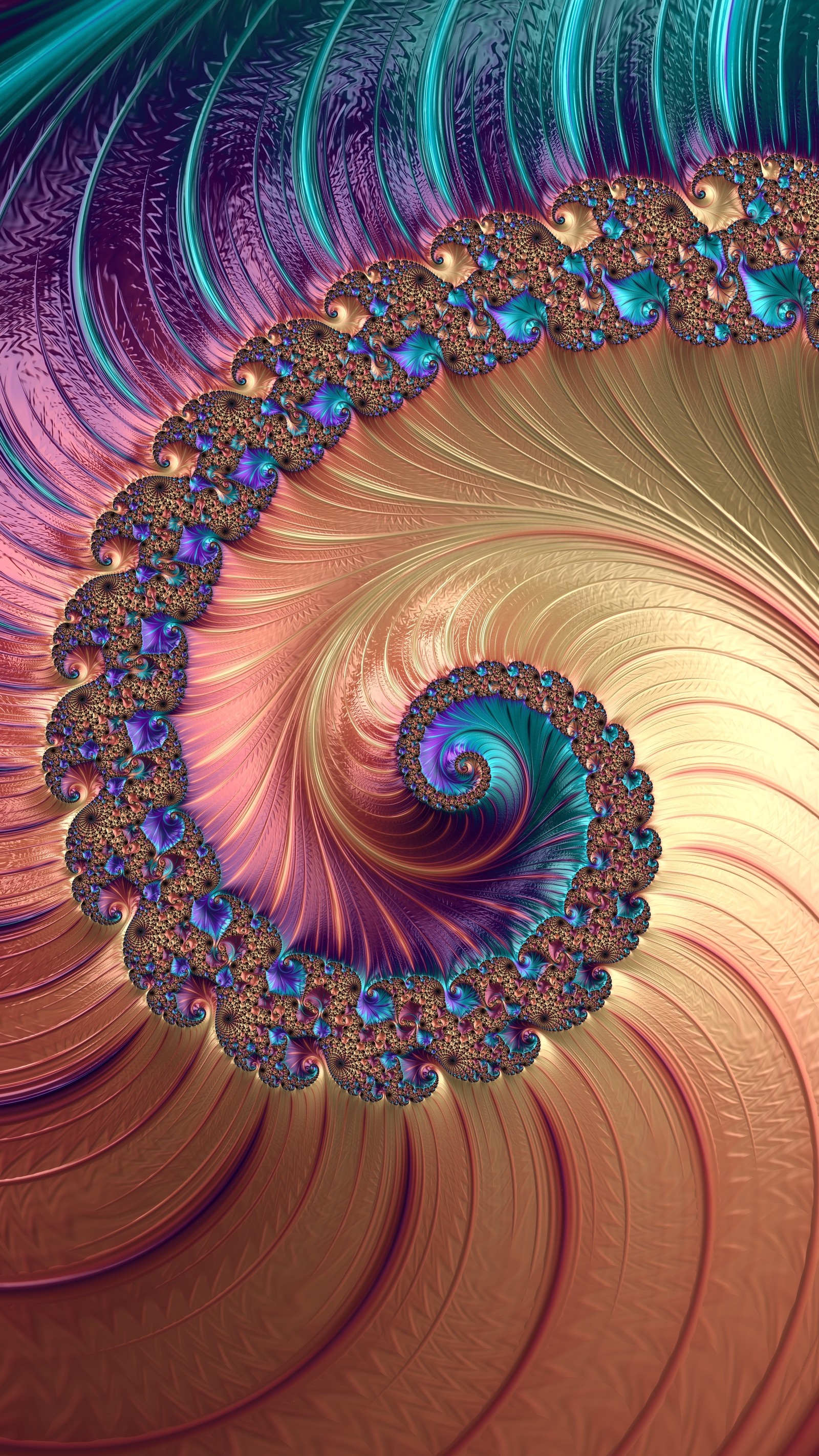 Um close de um desenho espiral com um centro azul e roxo (arte fractal, arte, arte digital, fractal, azul celeste)