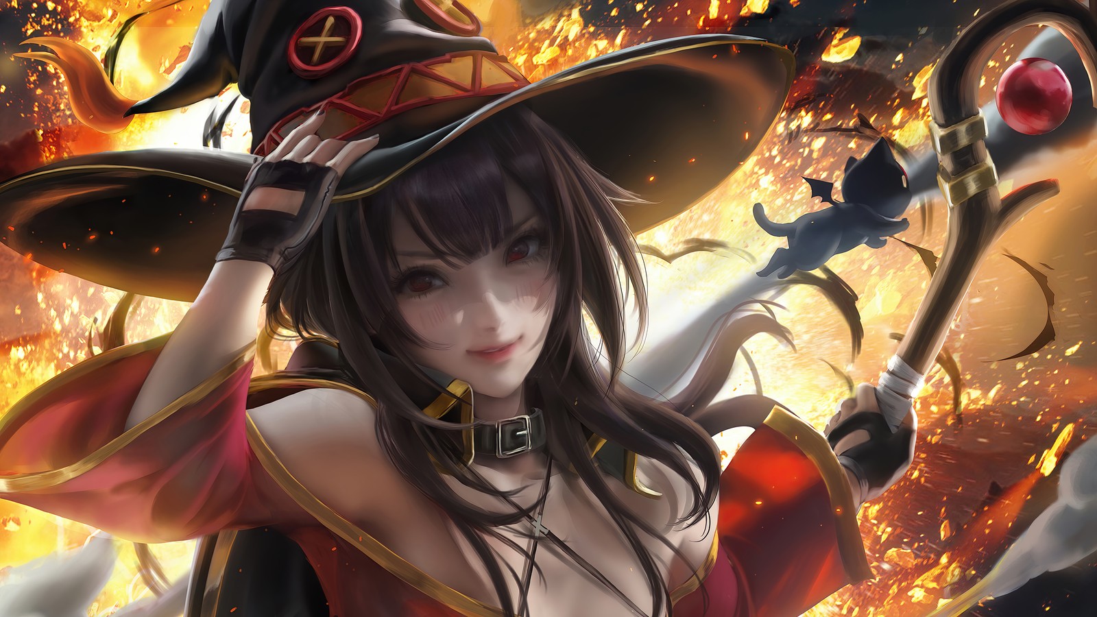 Una mujer con un sombrero de bruja y un vestido rojo sosteniendo una escoba (megumin, konosuba, anime, chicas)