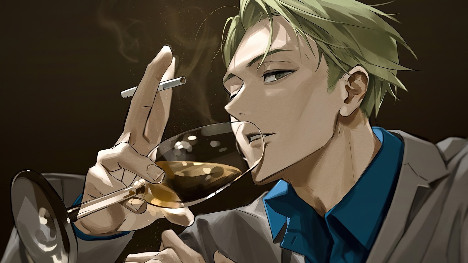 Hombre anime con cabello verde fumando un cigarrillo y sosteniendo una copa de vino (jujutsu kaisen, lucha de hechicería, 呪術廻戦, anime, kento nanami)