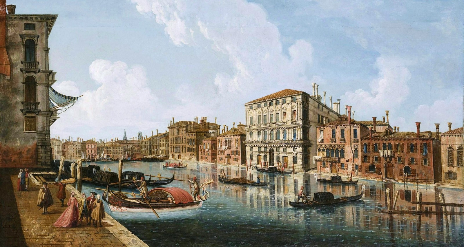 Pintura de um canal com barcos e edifícios de ambos os lados (veneza, paisagem urbana, pintura, pintura de paisagem, arte)