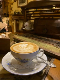 Cappuccino elegante servido em uma xícara de chá vintage, com arte latte intrincada, contra um fundo de café encantador.