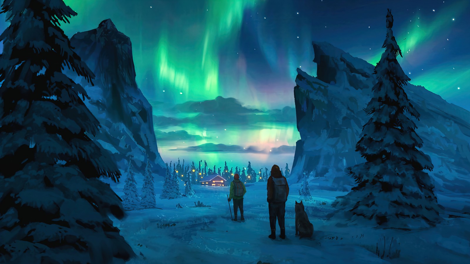 A couple of people standing in the snow near a forest (aurora borealis, northern lights, night, sky, scenery)