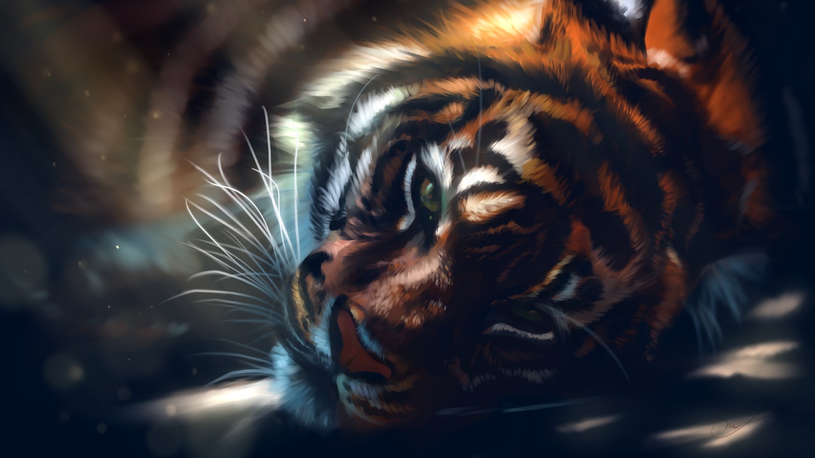 Painting of a tiger laying down in the dark (tiger, art, artist, bengal tiger, whiskers)