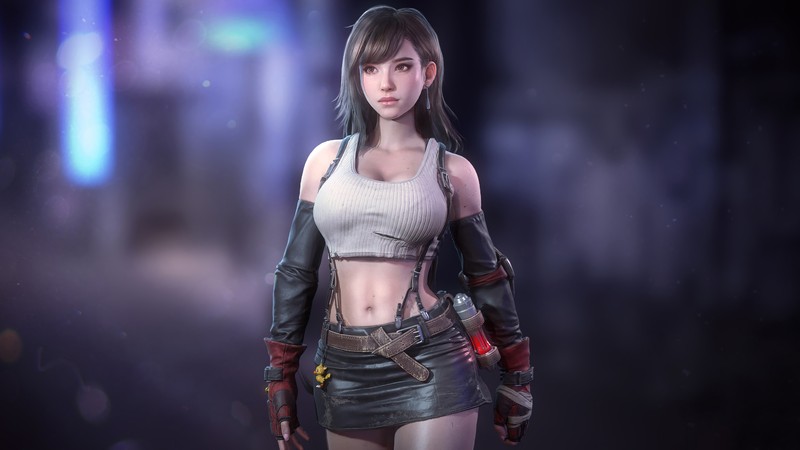 Женщина в короткой юбке и топе стоит в темной комнате (тифа локхарт, tifa lockhart, final fantasy 7 remake, final fantasy vii remake, ff vii remake)