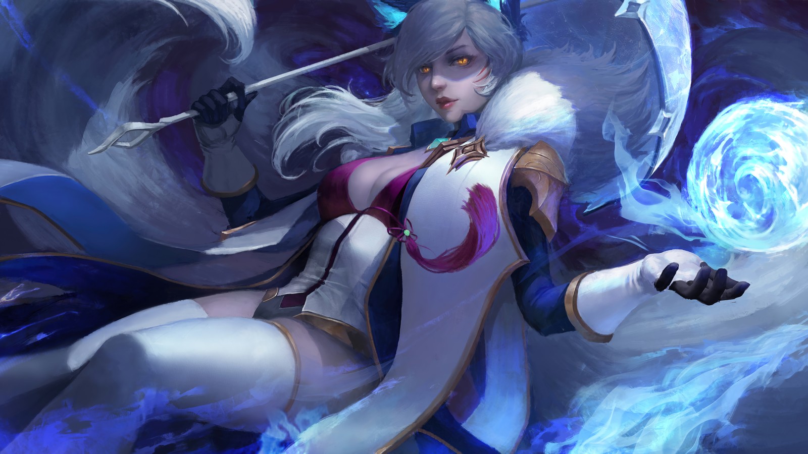 Женщина с мечом в белом платье, держащая синий шар (ахри, ahri, lol, league of legends, видеоигра)