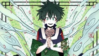 Izuku Midoriya en tenue traditionnelle, tenant des fleurs de cerisier au milieu du vent tourbillonnant et des pétales.