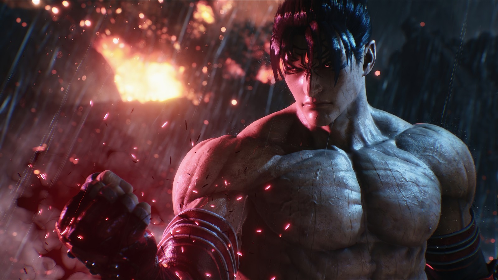 Un homme avec un corps musclé et un poing dans une pièce sombre (tekken 8, jeu vidéo, jin kazama, devil jin)