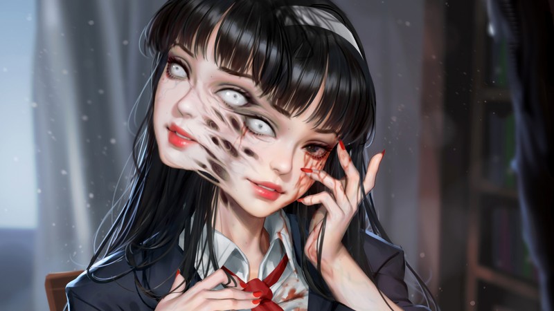 Anime girl with blood on her face and a creepy face (tomie kawakami, junji ito, anime girls, anime)