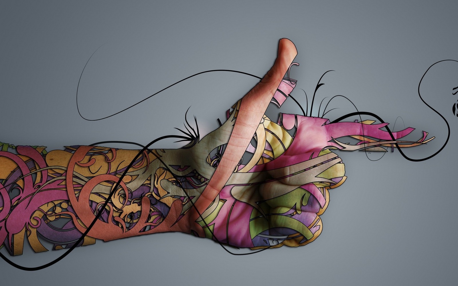 Jemand macht einen daumen hoch mit ihrer hand und hat ein tattoo (illustration, arm, design, 3d computergraphik, kunst)