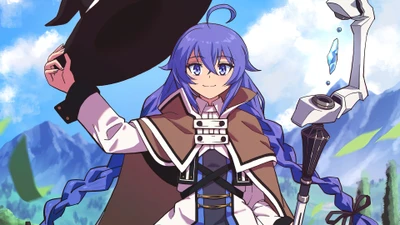 Roxy Migurdia de "Mushoku Tensei: Reencarnación sin trabajo", empuñando su bastón con confianza contra un fondo pintoresco.