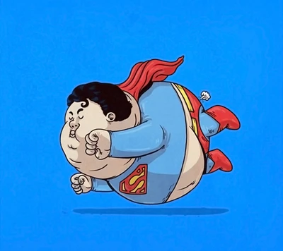 Ilustração de super-herói brincalhona: Um personagem gordinho em voo