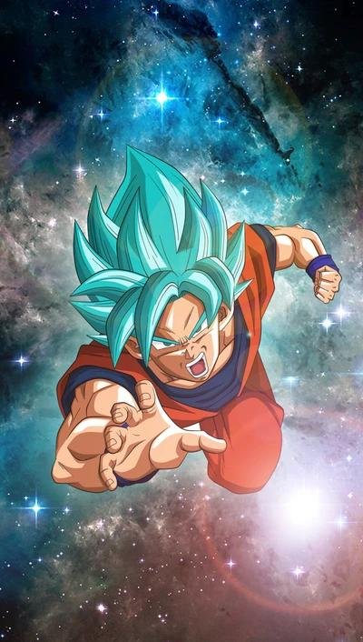 Super Saiyan Blau Goku, der durch den Weltraum schwebt