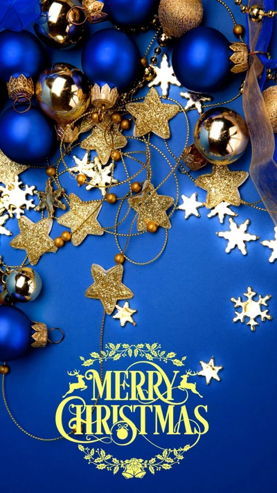 Merry Christmas with Blue Baubles and Golden Star Decorations