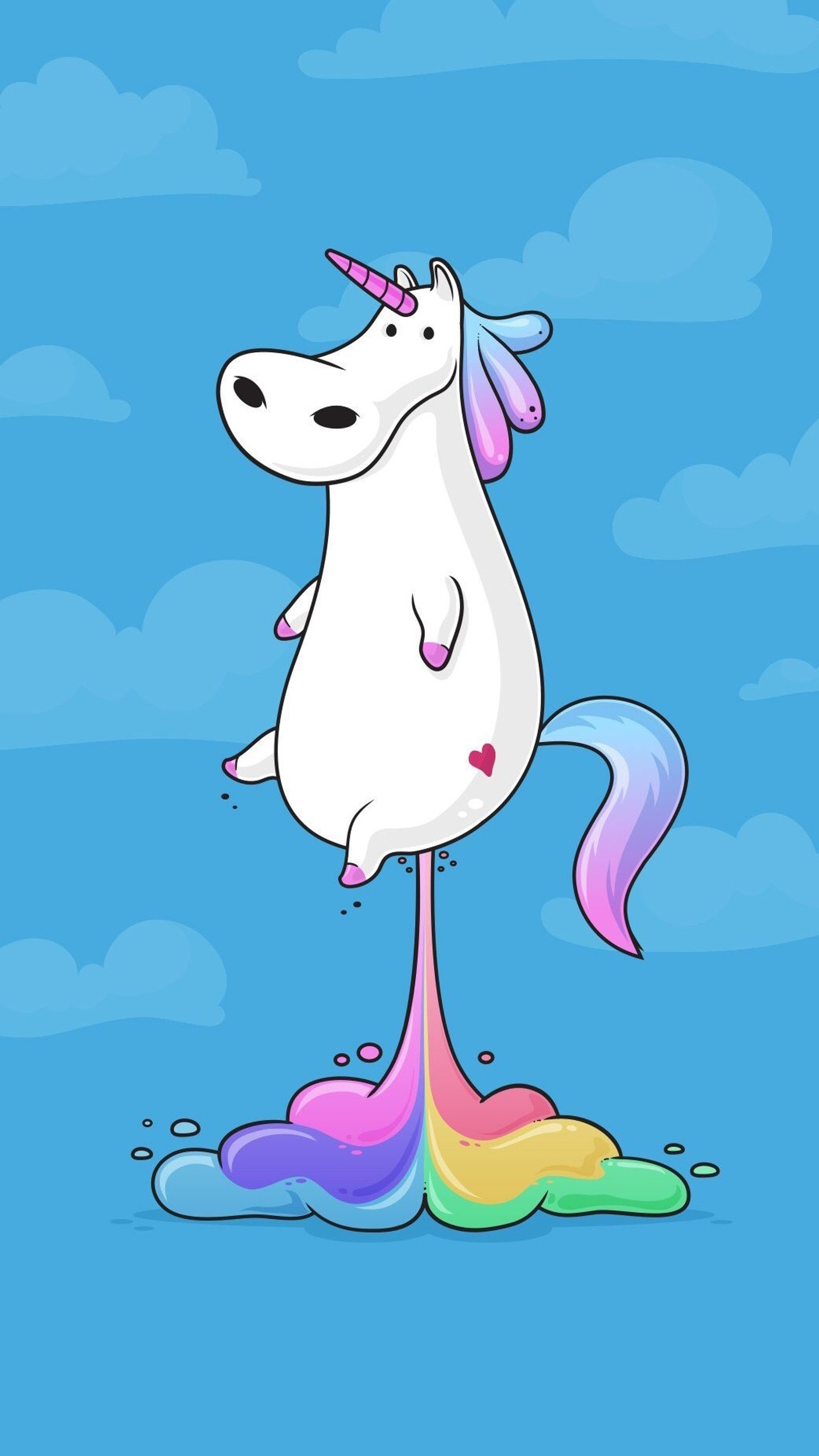 Cartoon unicorn standing on a rainbow colored puddle of paint (awesome, cute, fart, funny, lol)