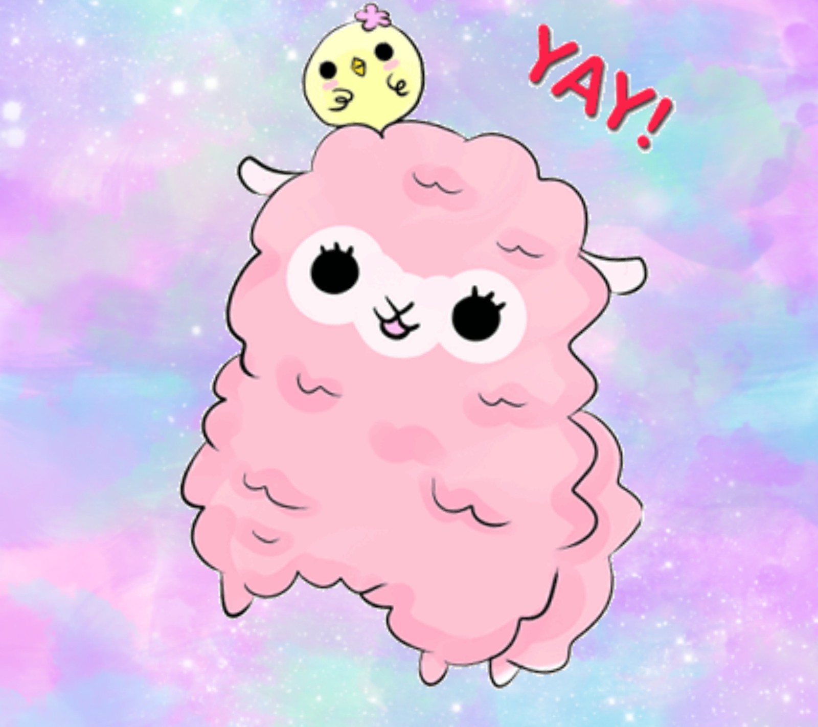 En la imagen hay una llama rosa con un pájaro amarillo en la parte superior. (anime, kawaii)