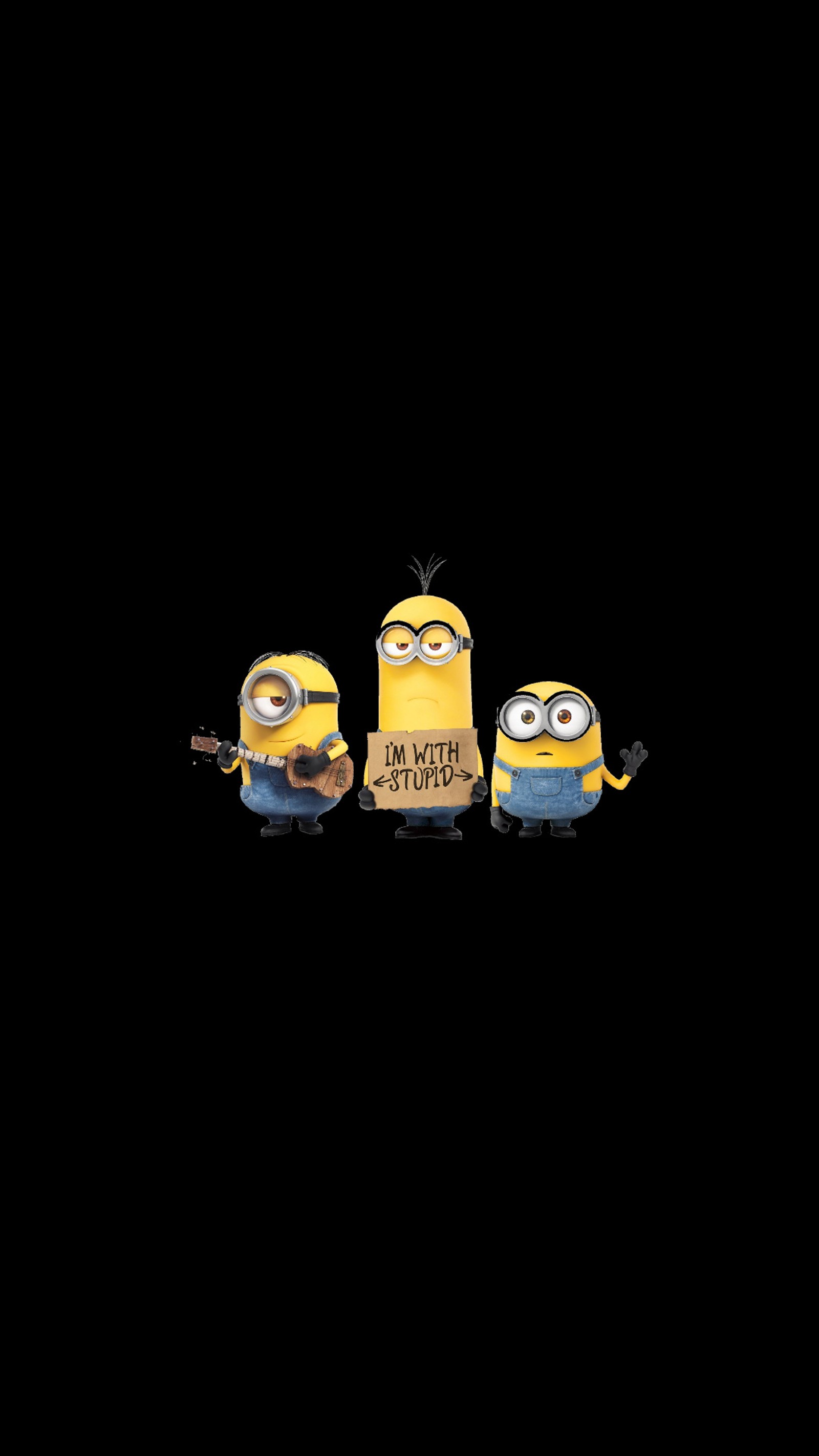 Gros plan de deux minions avec un panneau sur un fond noir (minions, stupide)