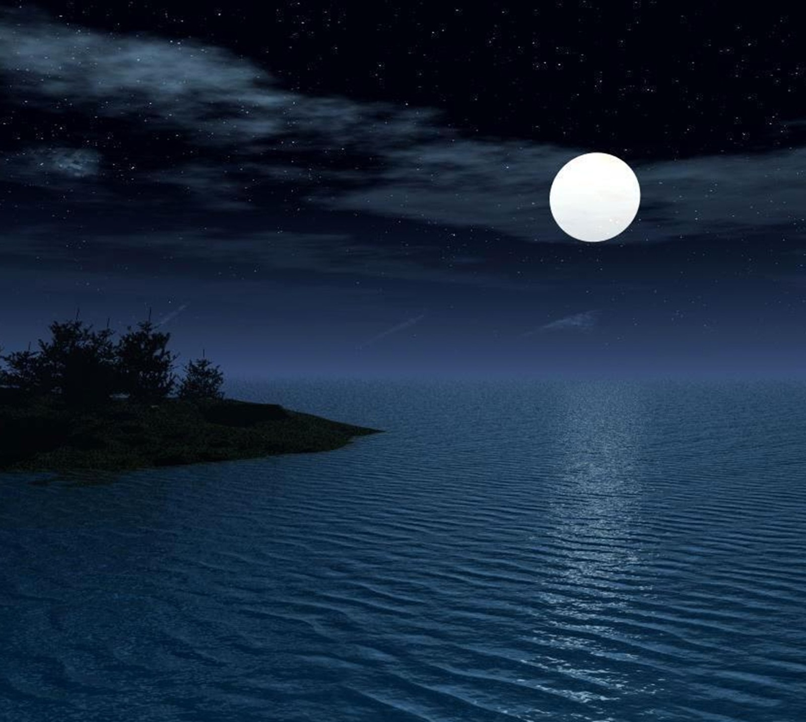 Una vista de una luna llena sobre un cuerpo de agua (belleza, azul, luna, noche, océano)