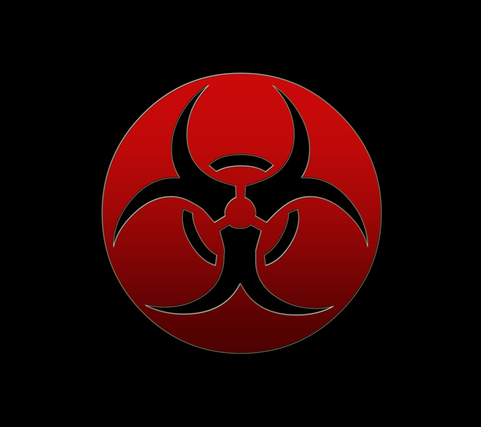 A close up of a red and black biohazard logo (biohazard, red, red on black, sign, warning)