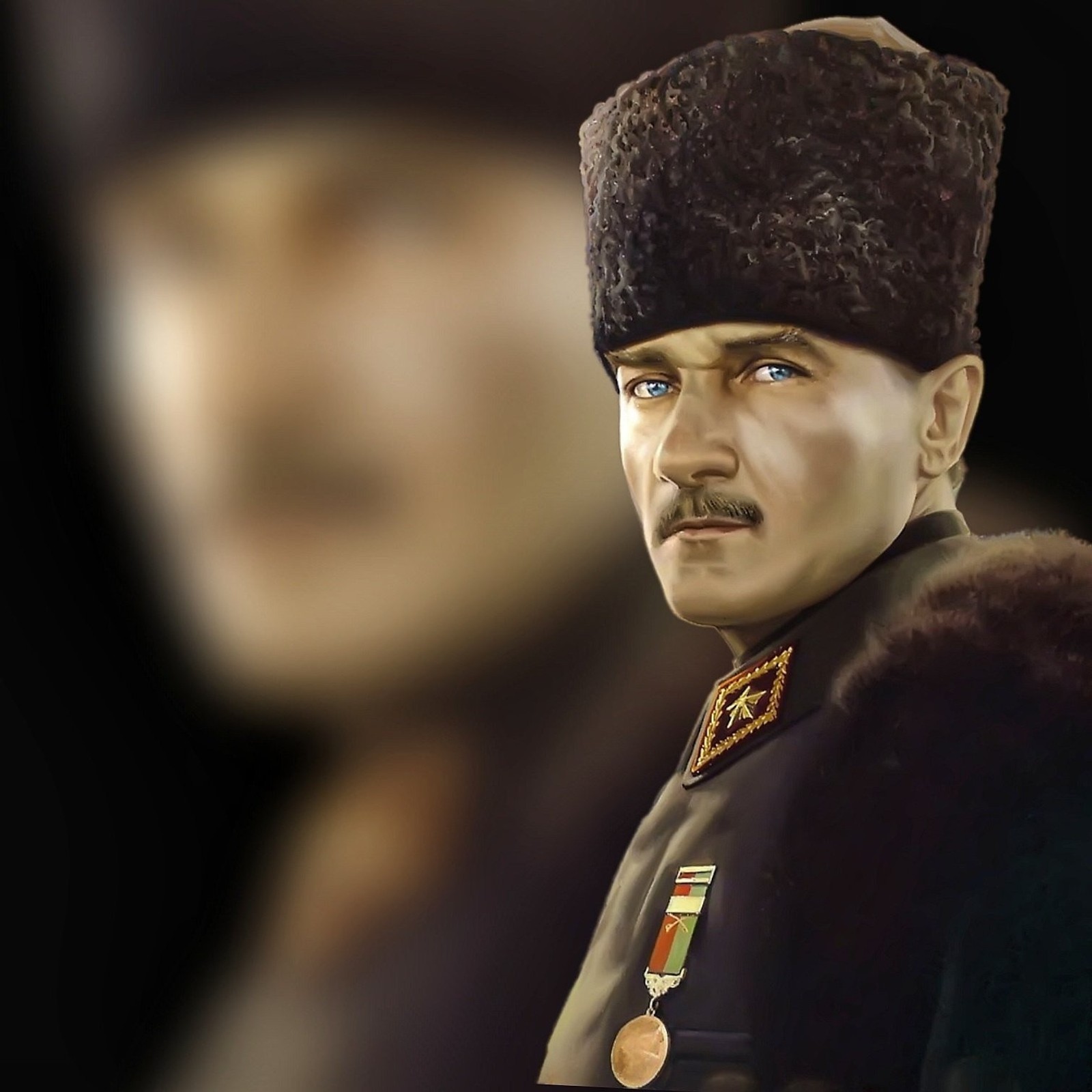 Imagem colorida de um homem com um chapéu russo e um casaco de pele (ata, atatürk, ataturk, bjk, fundador da turquia)