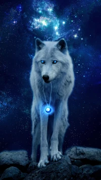 Majestuoso lobo blanco con un colgante de galaxia bajo un cielo estrellado