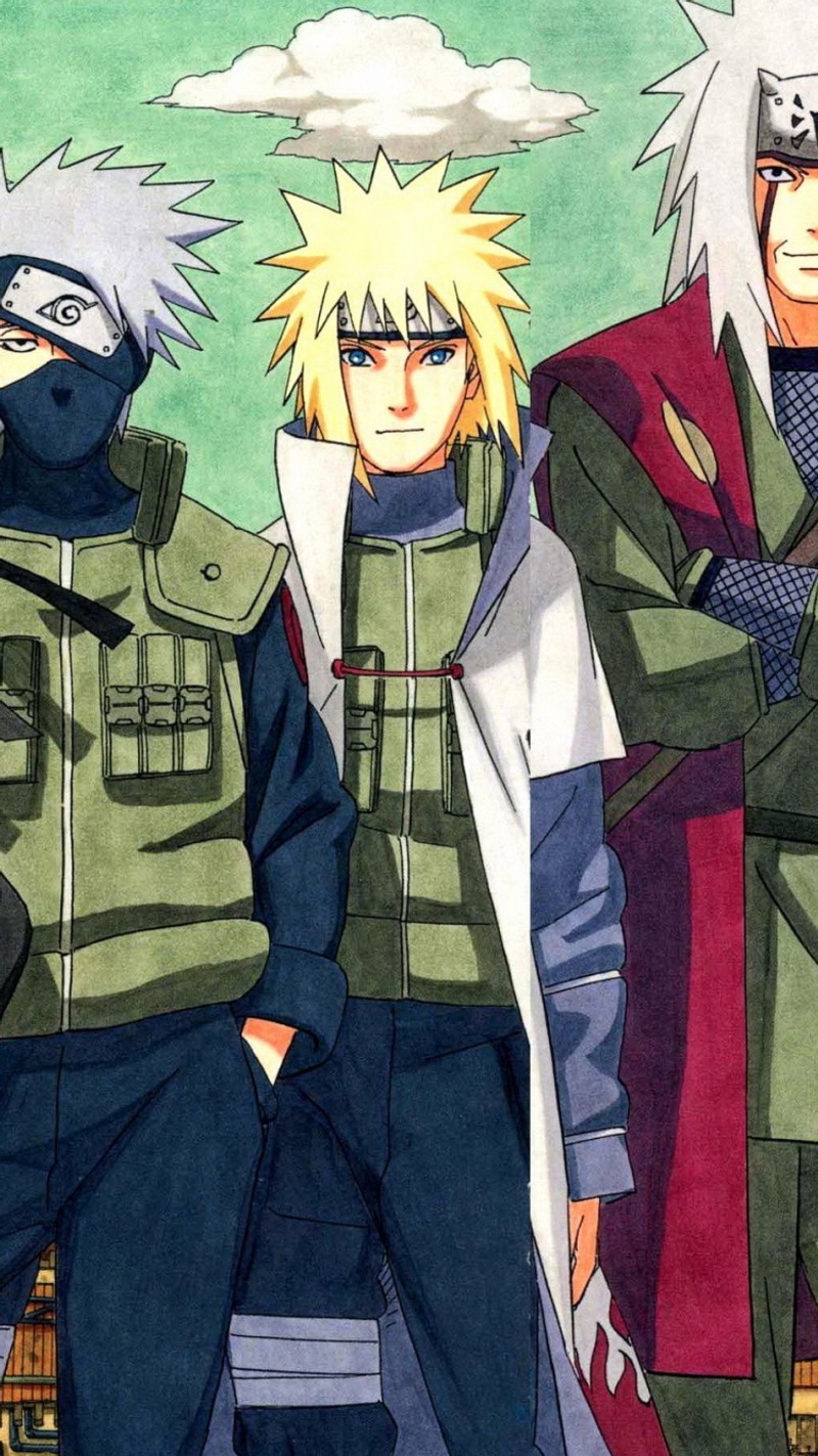 Аниме-персонажи в полном костюме стоят перед зданием (джирайя, jiraiya, kakashi, мината, minato)