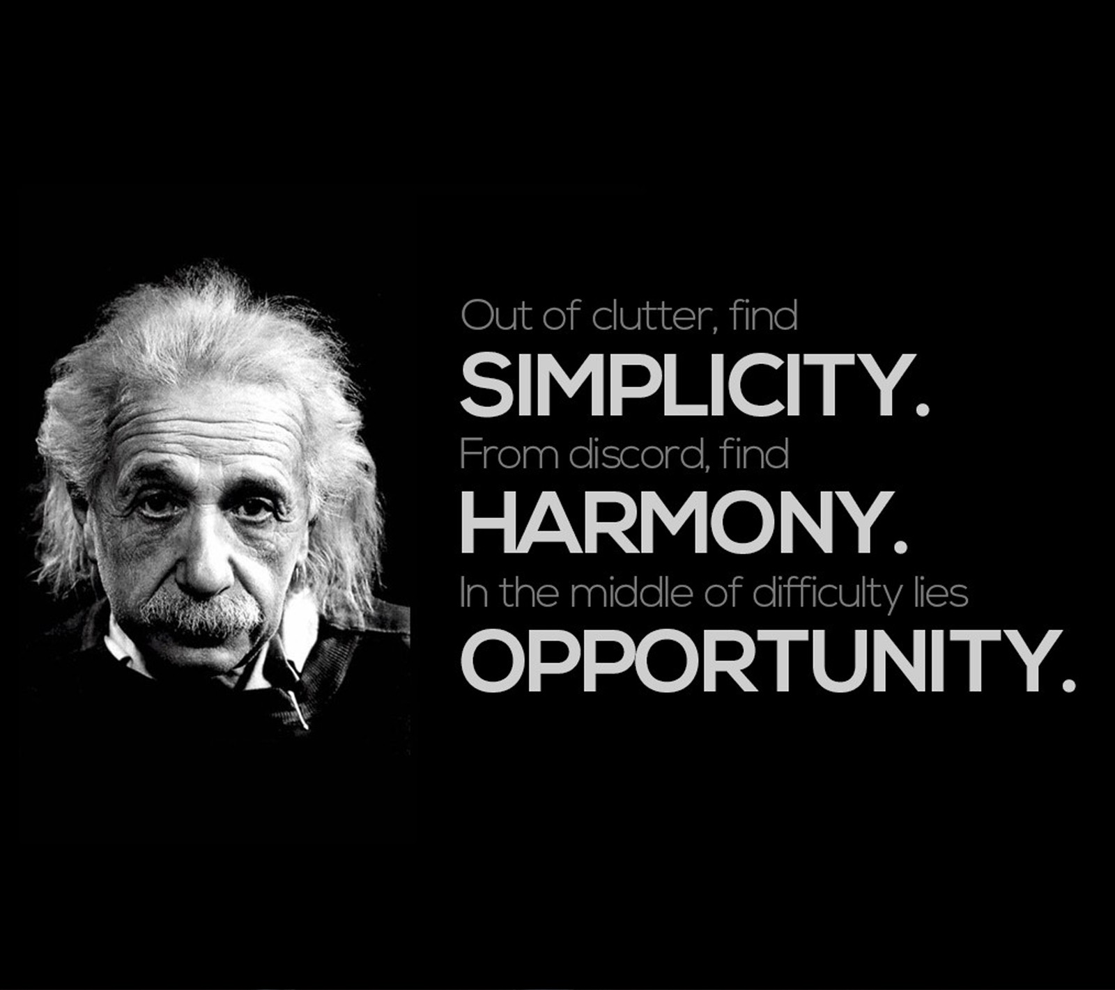 A close up of a person with a quote on it (albert einstein, harmony, opportunity, simplicity, text)