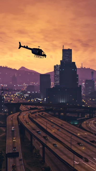 Hubschrauber mit Blick auf Los Santos bei Sonnenuntergang in GTA 5