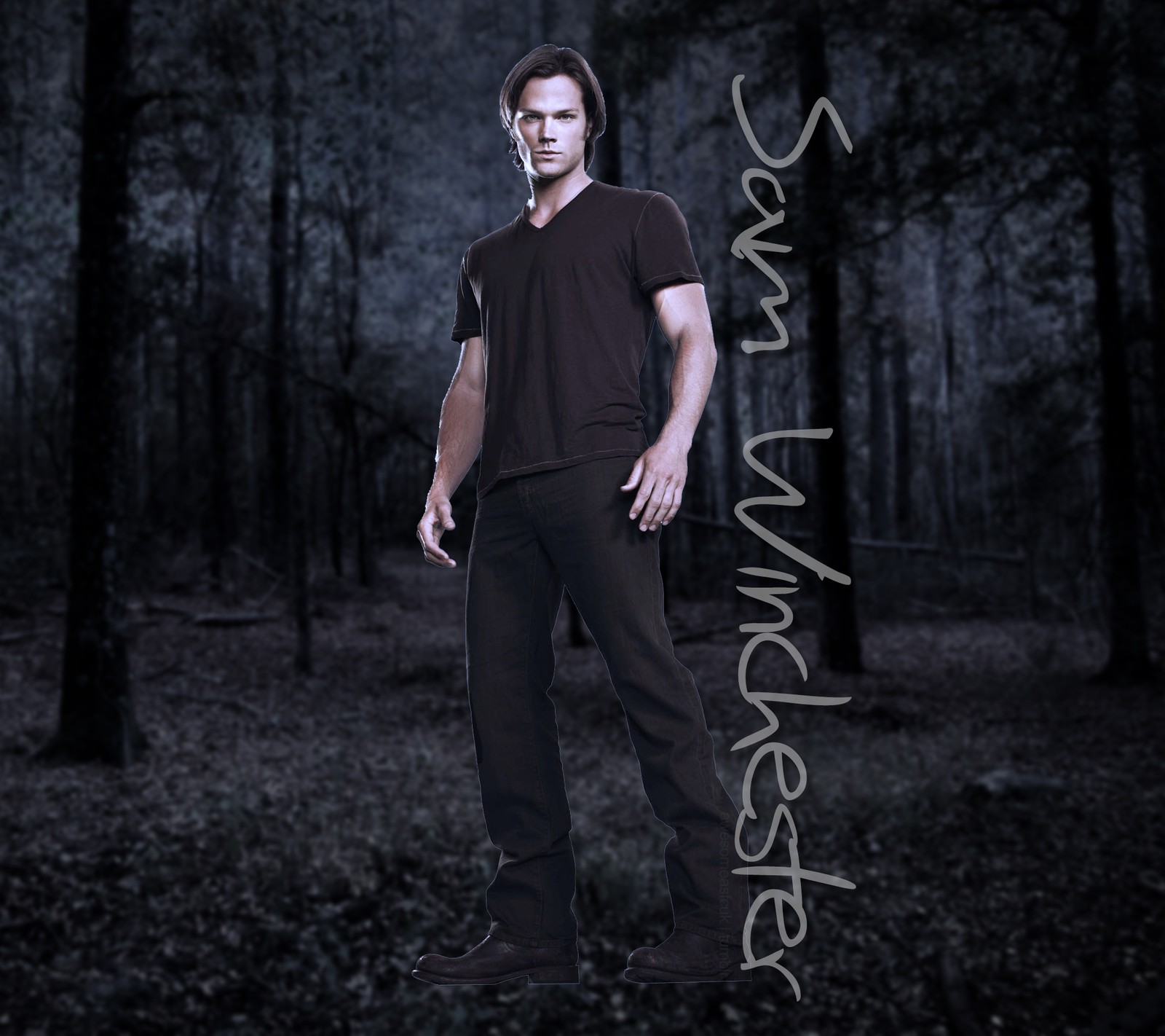 Arafed image of a man standing in the woods with a skateboard (impala, spn, supernatural, winchester)