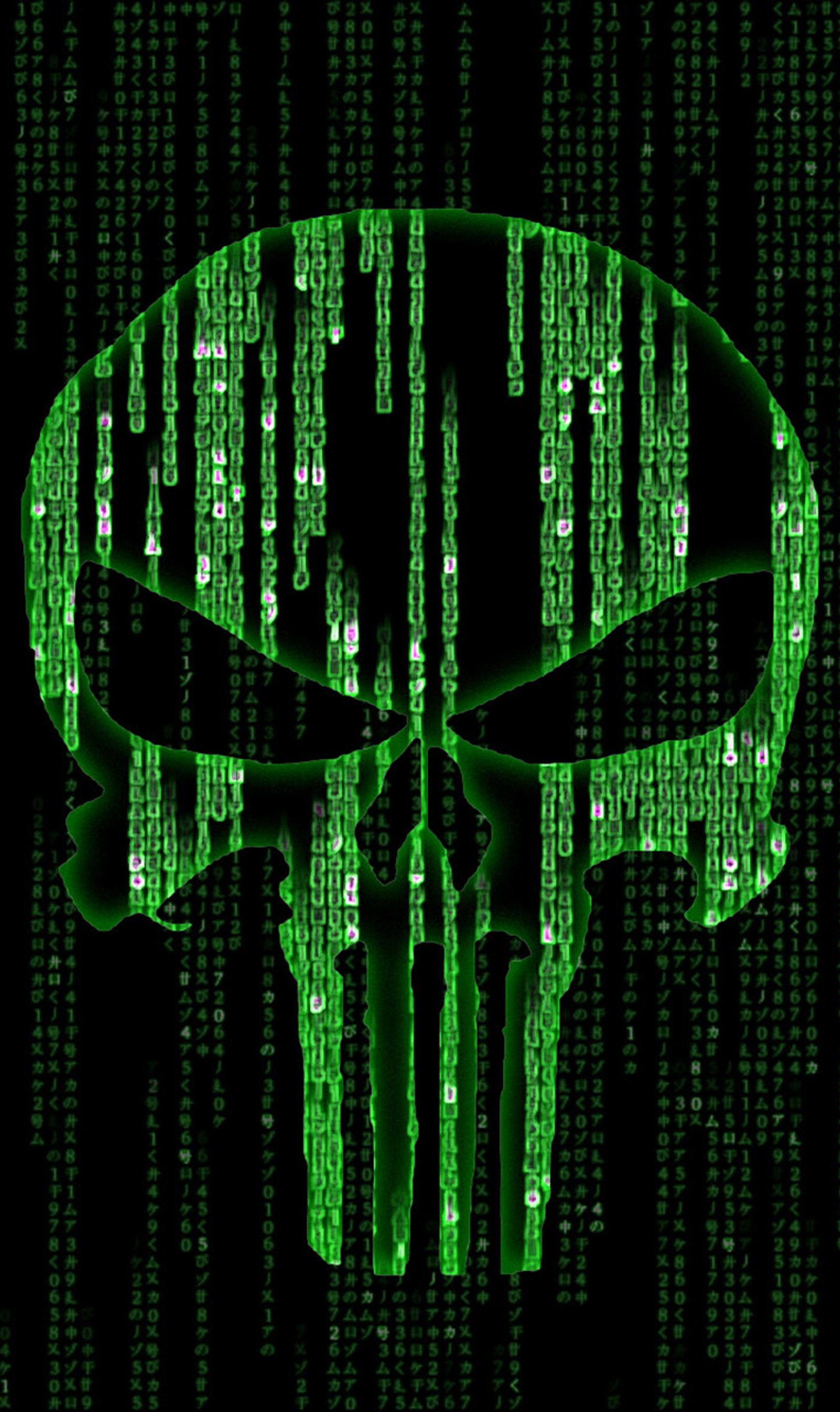 A green skull symbol on a black background with binary code (code, green, punisher)