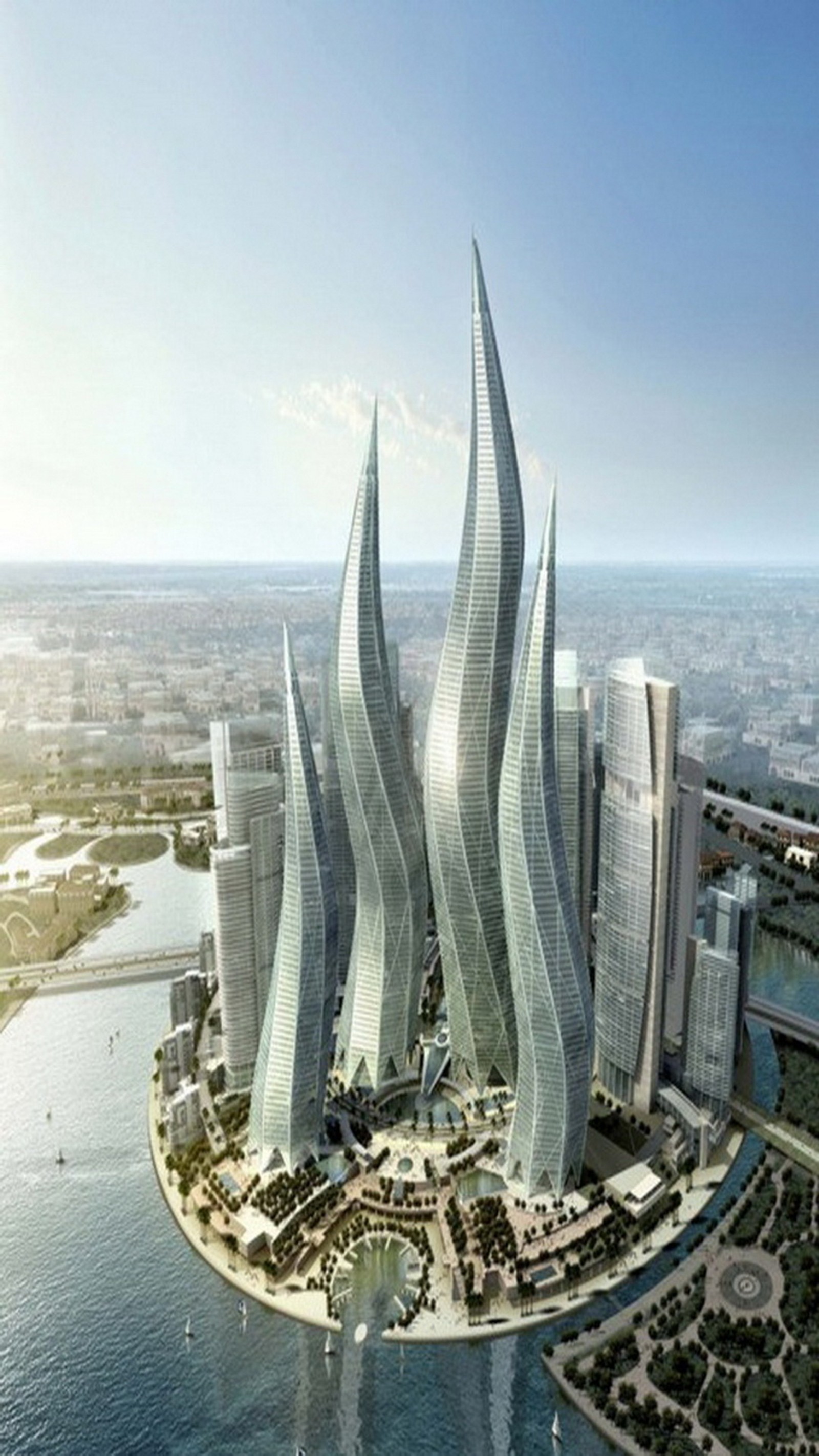 Uma renderização de uma cidade futurista com um grande corpo de água (cidade, dubai, torres)