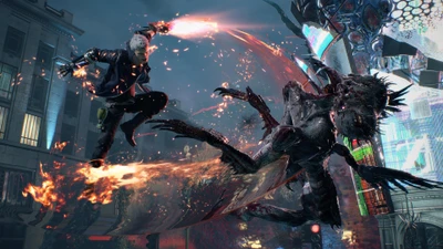 Nero im Kampf gegen einen Dämon in Devil May Cry 5