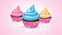 Colorful cupcakes with pastel frosting on a light pink background.