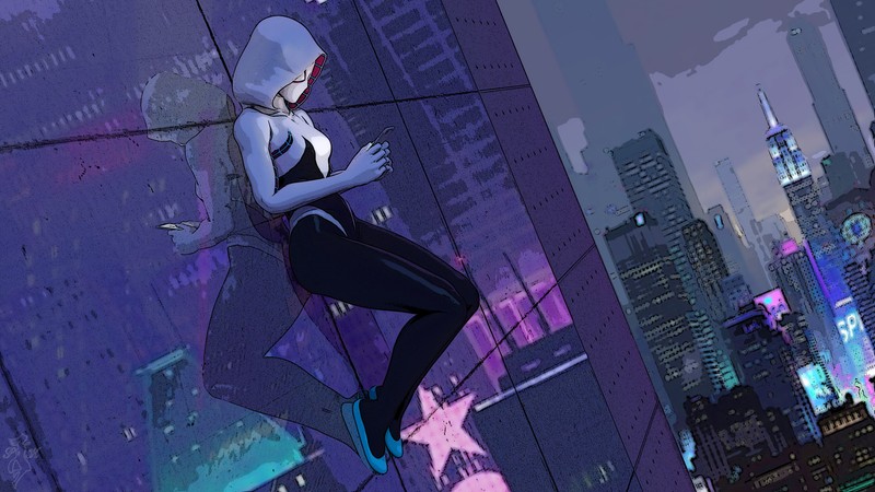 Человек-паук в мультфильме «в паучьем измерении» (гвен паук, spider gwen, marvel comics, комиксы, супергерой)