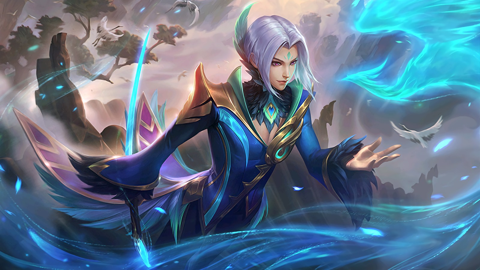 Une femme en robe bleue tenant une épée et une flamme bleue (ling, mobile legends, ml, mlbb, jeu vidéo)