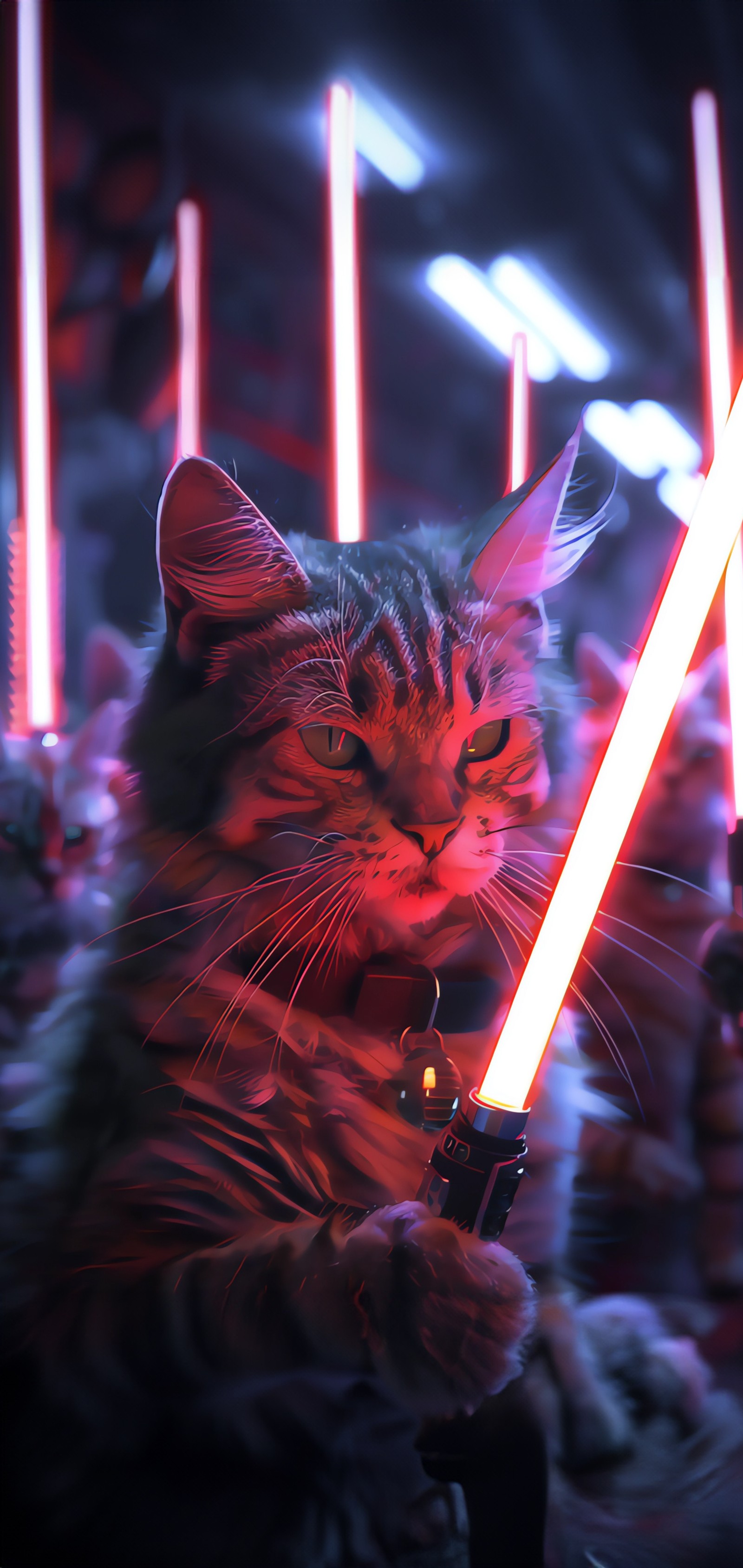 There is a cat that is holding a light saber in its paws (cat, light, felidae, purple, small to medium sized cats)