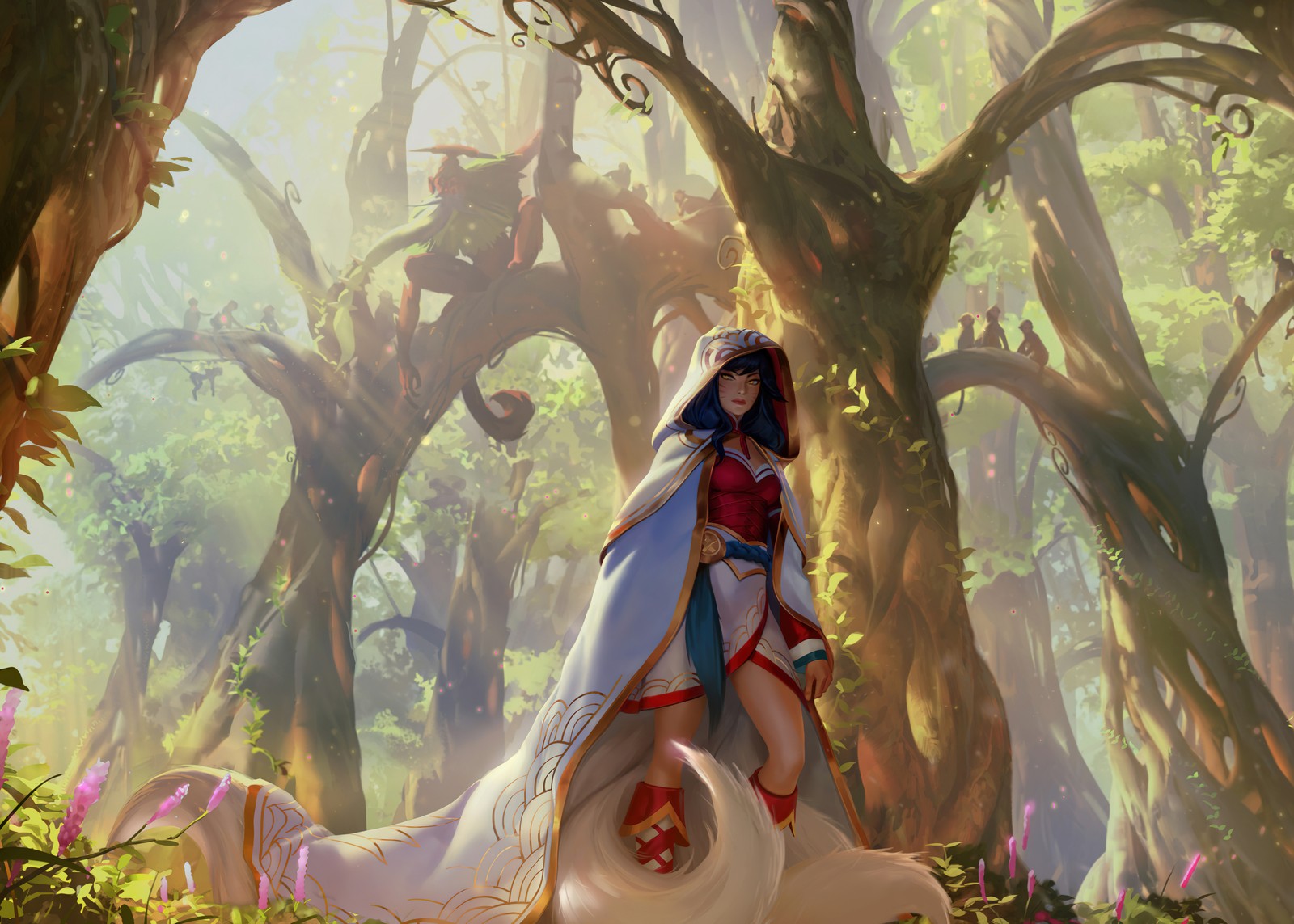 Chica de anime con una capa blanca y una capa roja sentada sobre un tronco de árbol (ahri, zorro de nueve colas, league of legends, juegos, fondo de pantalla 4k)