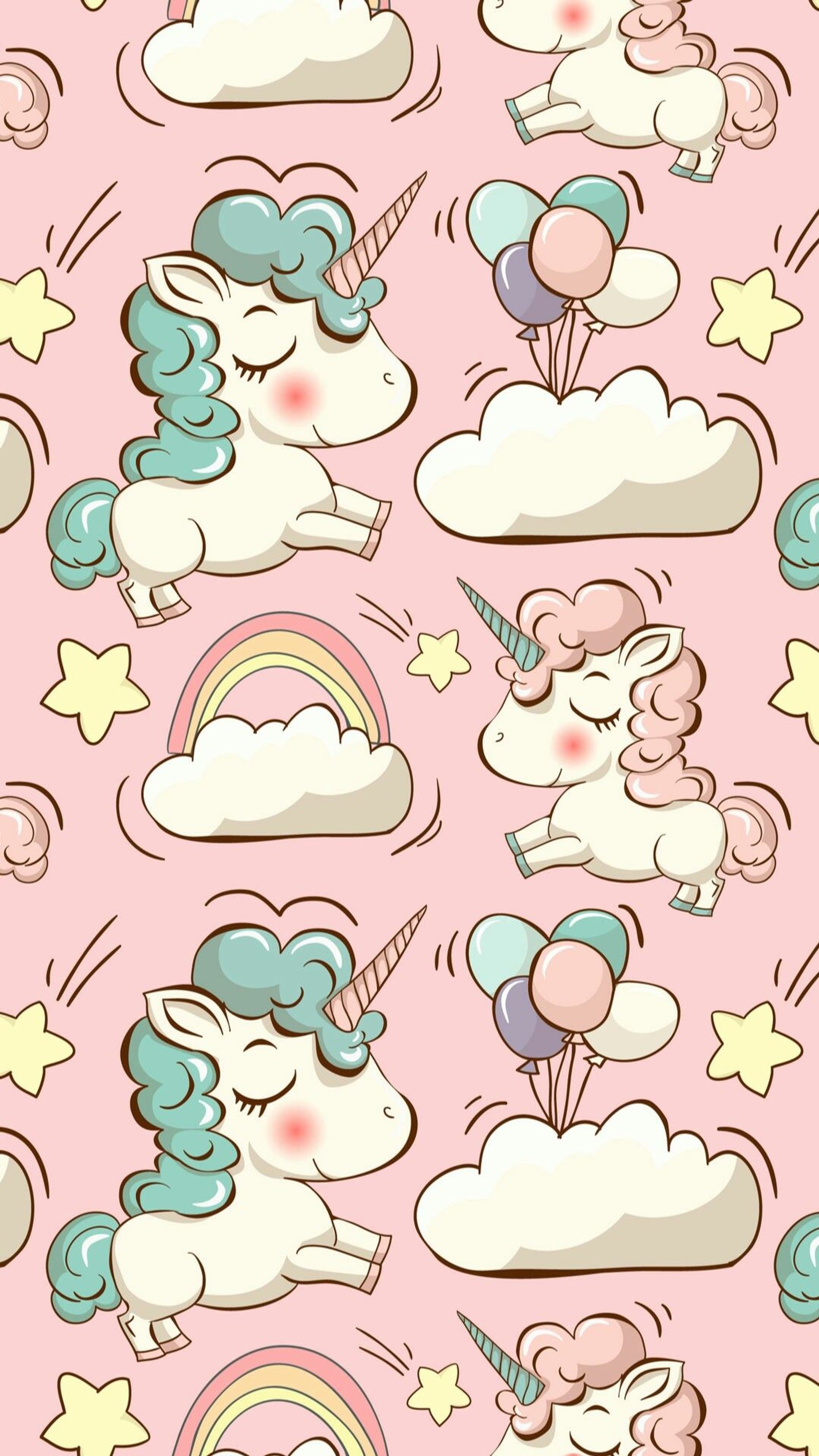 Patrón sin costuras de unicornios y nubes con arcoíris y estrellas (unicornio, dibujo, caricatura, gráfico prediseñado, ilustración)