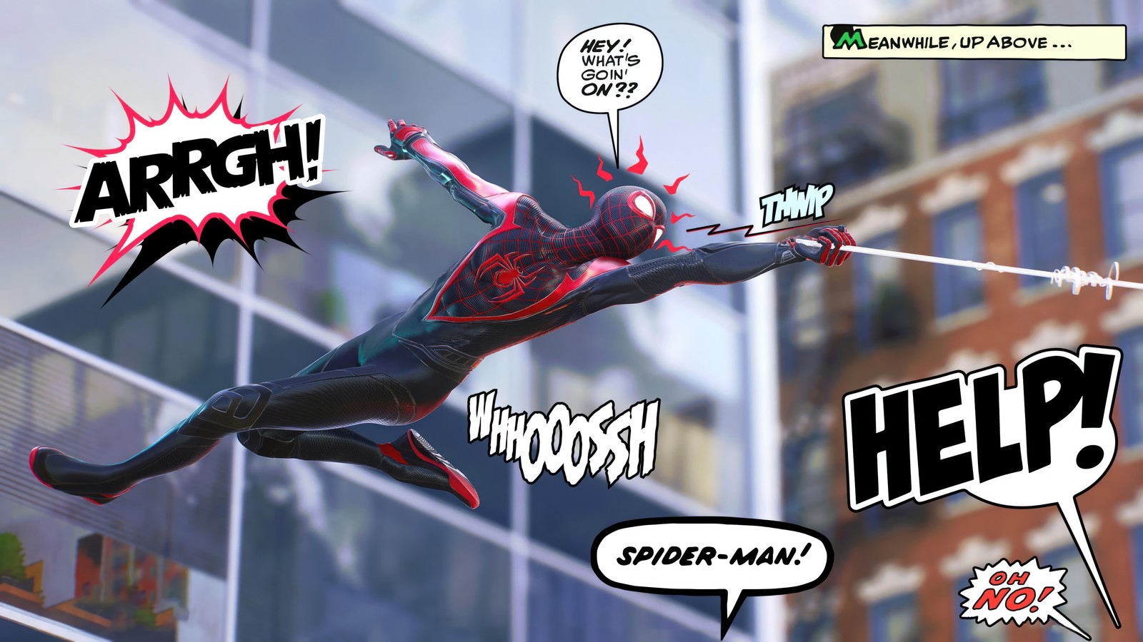 Spider-man volando por el aire con un palo en la mano (miles morales, web swing, marvel spider man 2, marvels spider man 2, videojuego)