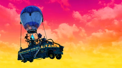 Fortnite Battle Bus Soaring Through Vibrant Skies