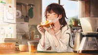 Bonheur matinal : fille d'anime profitant du petit déjeuner